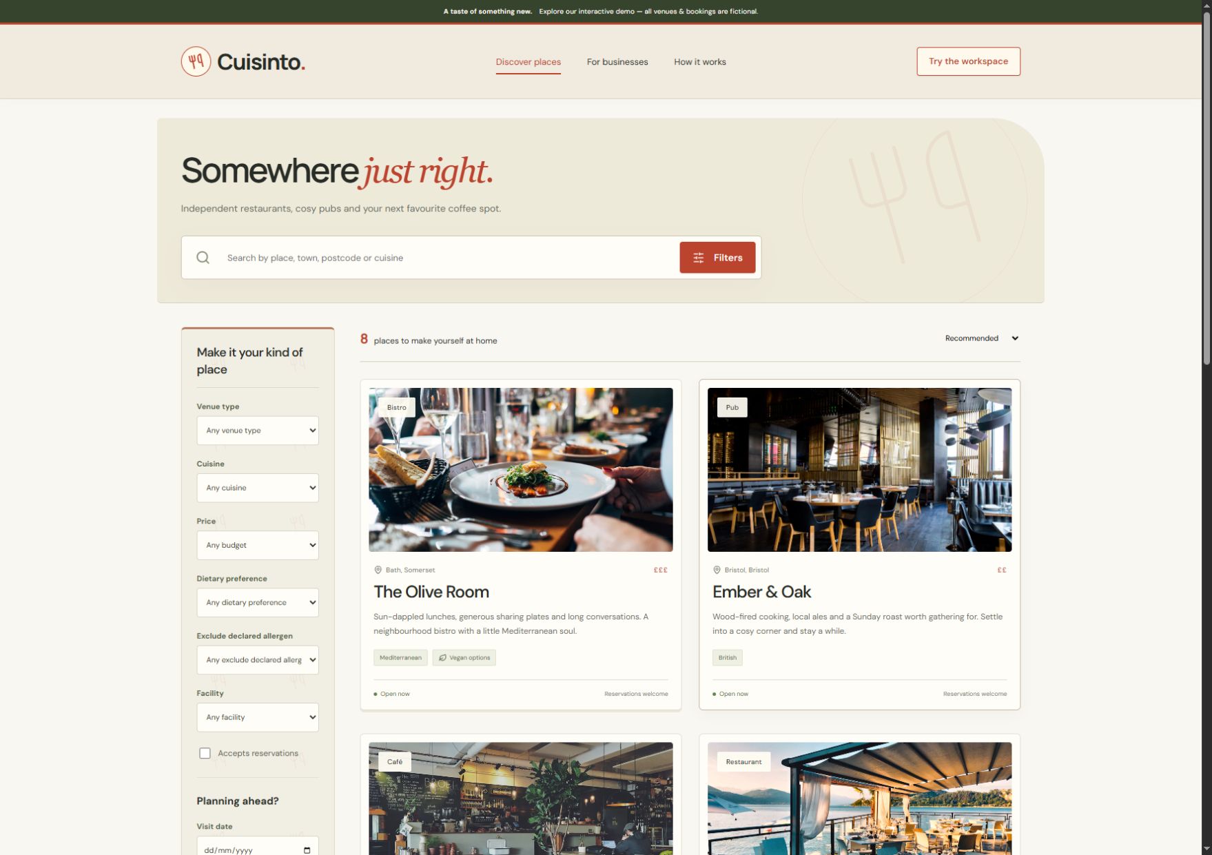 Cuisinto hospitality discovery interface with venue listings and filters
